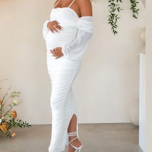 CLUB L LONDON Announcement White Maternity Ruched Mesh Maxi Dress, size US4